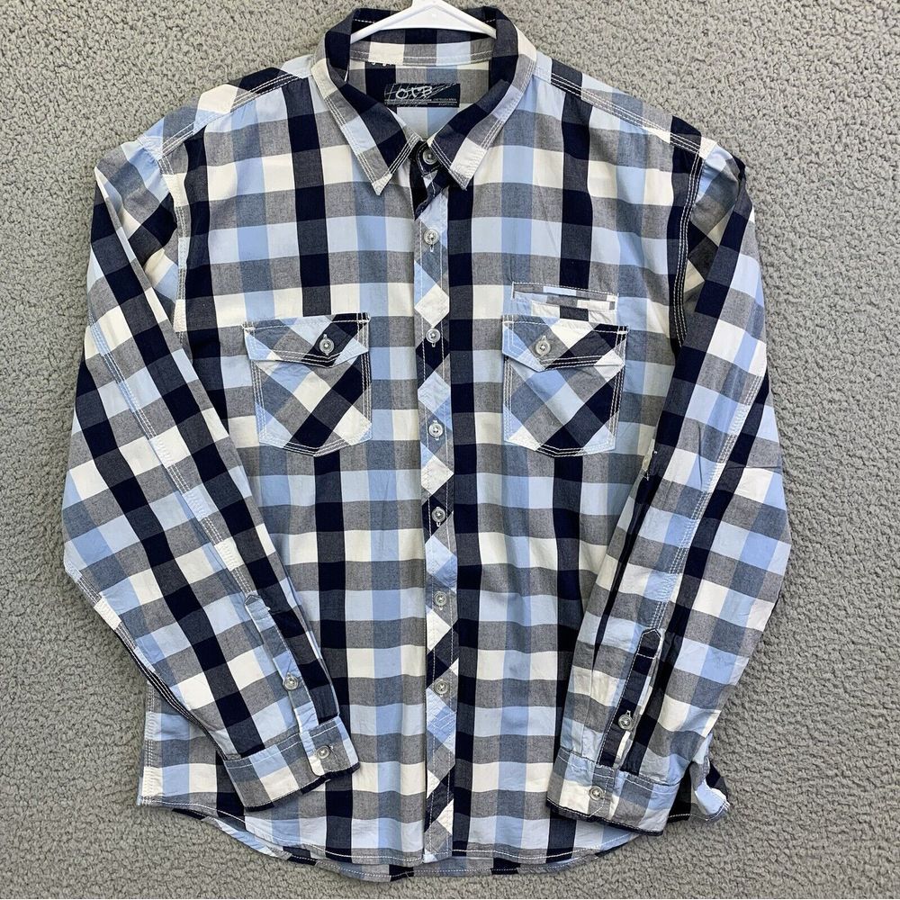 OTB One‎ Tough Brand Mens Western Plaid Blue Button Up Shirt Sz Med Long Sleeve